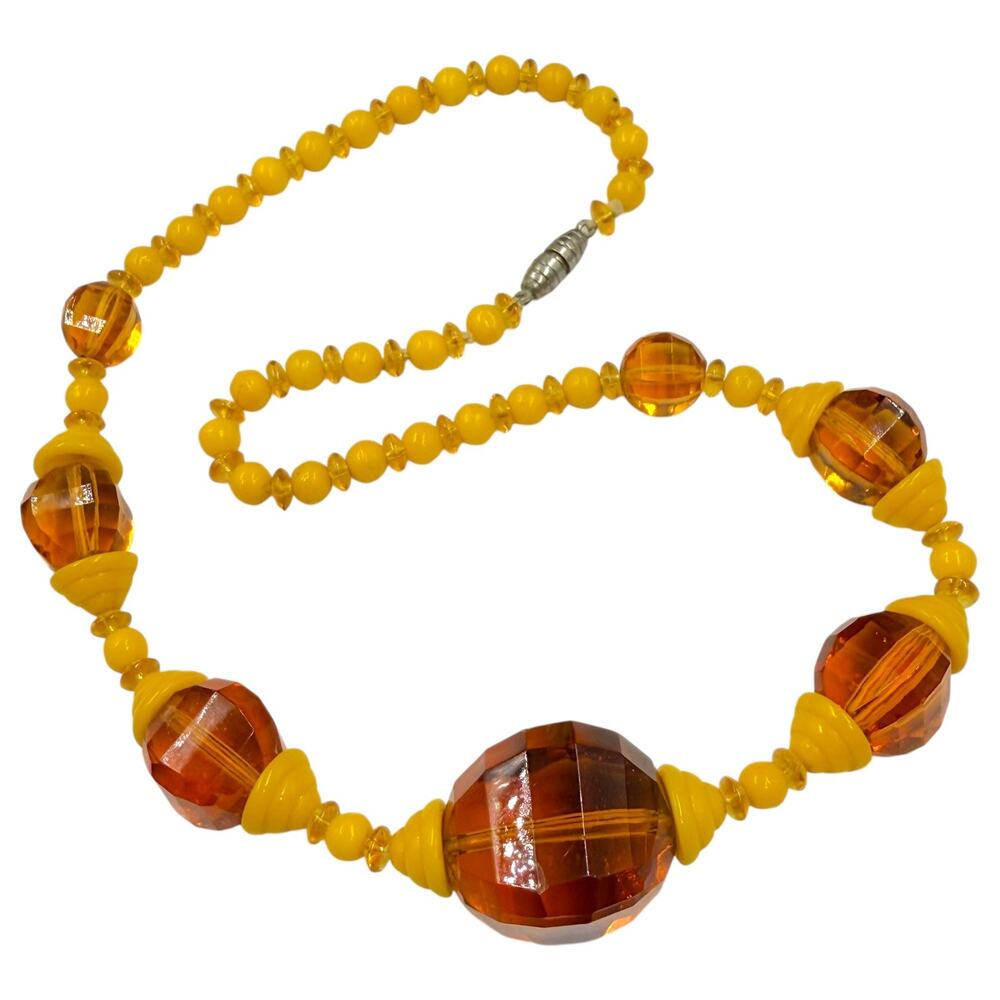 Vintage 30s Art Deco Amber Faceted Glass Yellow Celluloid Cone Choker Necklace